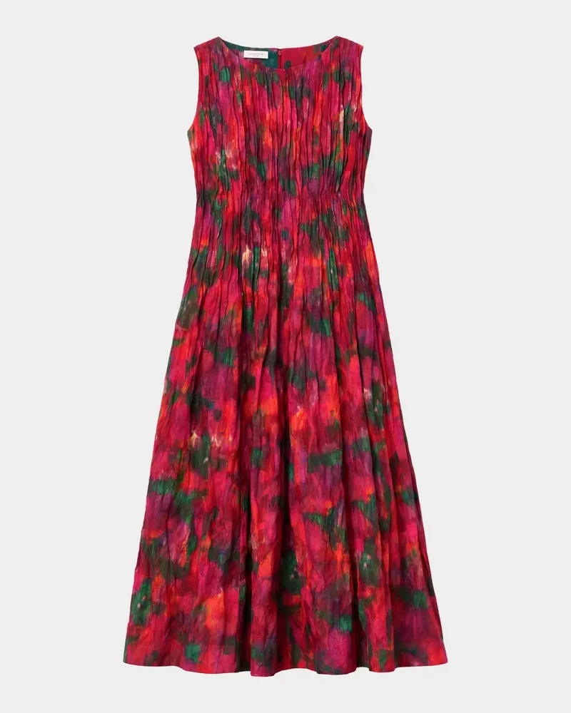 Pintuck Blossom-Print Cotton Midi Dress
