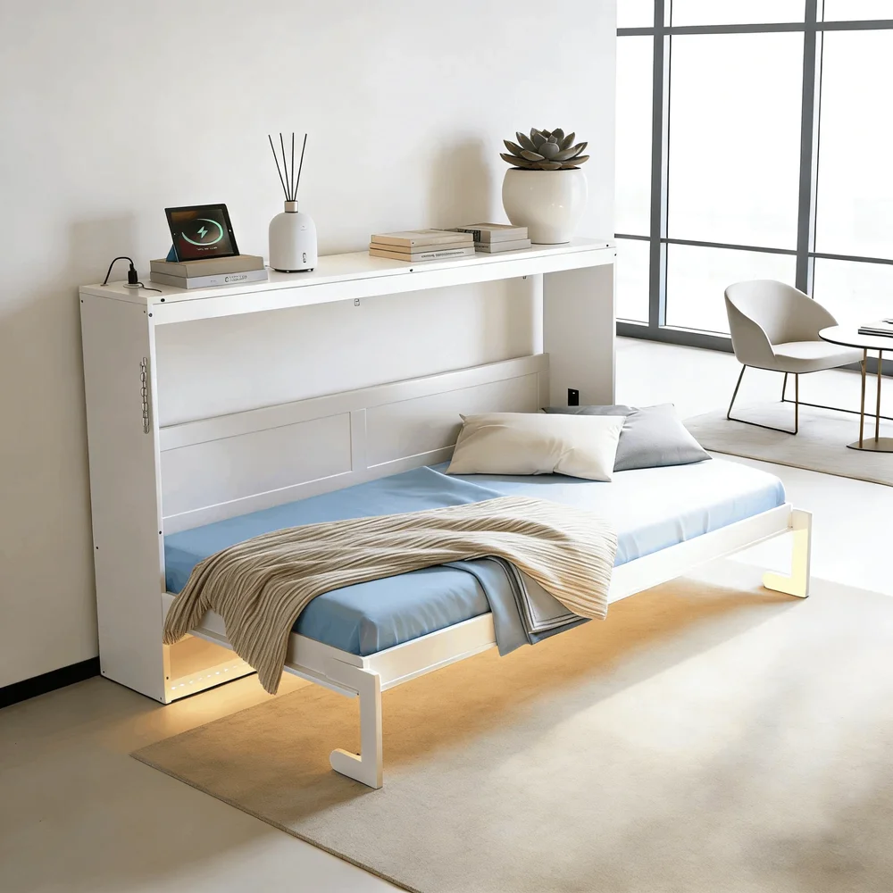 Modern Horizontal Twin Murphy Bed with Lighted Panel and Power Outlets