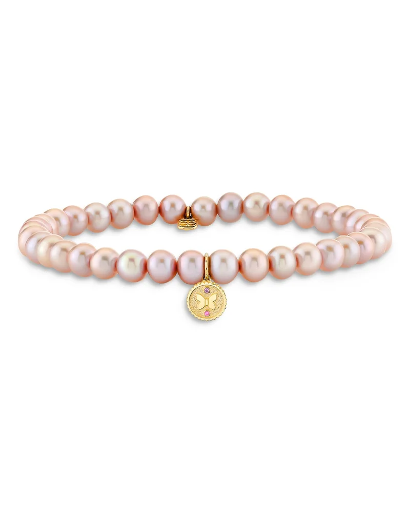 Wicked x Sydney Evan 14K Yellow Gold Glinda Butterfly Charm Pink Freshwater Pearl Bracelet