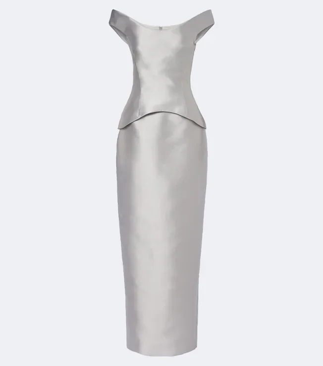 Pieta off-shoulder peplum satin gown