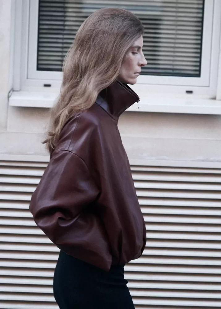 Faux leather funnel neck jacket - Women