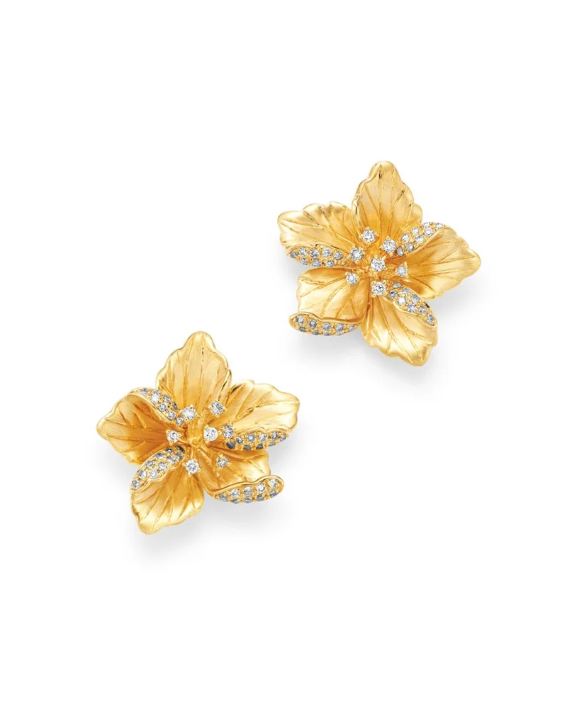Diamond Flower Earrings in 14K Textured Yellow Gold, 0.30 tcw