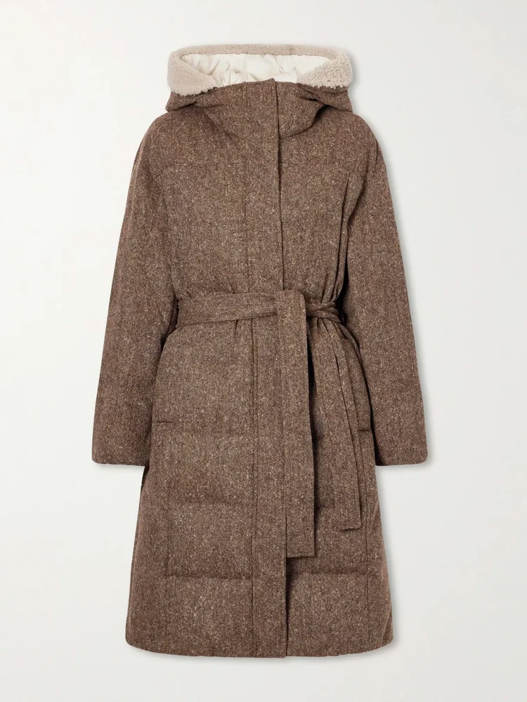 Hooded belted padded quilted shearling-trimmed wool-blend down jacket