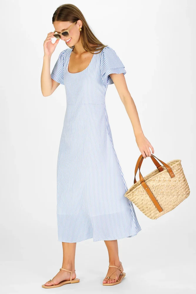 Estoria Dress in Blue Seersucker Stripe
