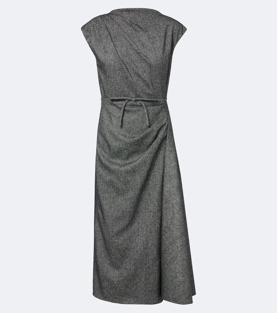 Bow-detail herringbone draped midi dress