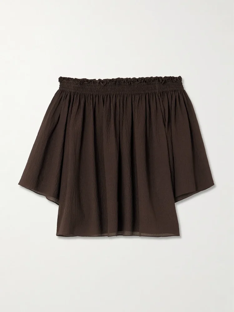 Emi off-the-shoulder shirred seersucker top