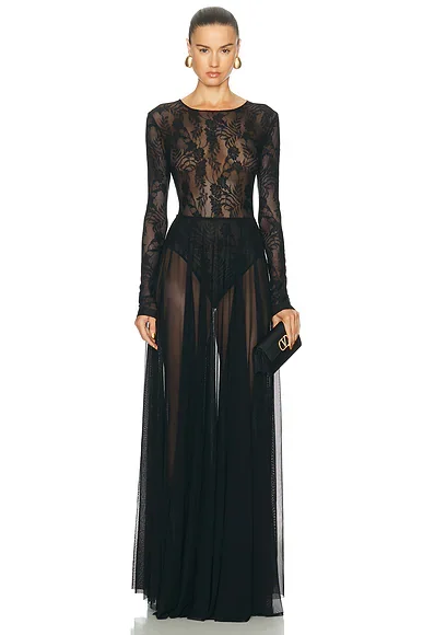 Long Sleeve Crew Flared Gown