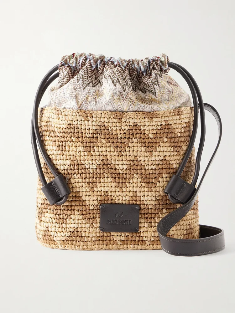 small striped leather trimmed raffia bucket bag