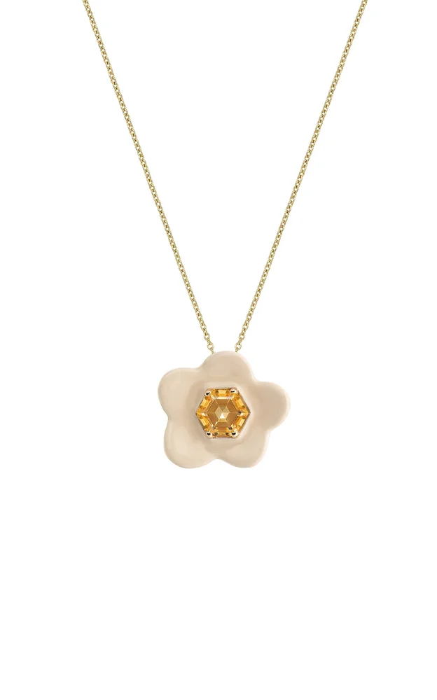 Flower Exagonal 9K Yellow Gold, 925 Silver, Citrine Enamel Necklace