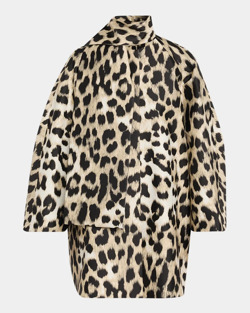 Leopard Jacquard Short Cocoon Coat With Scarf