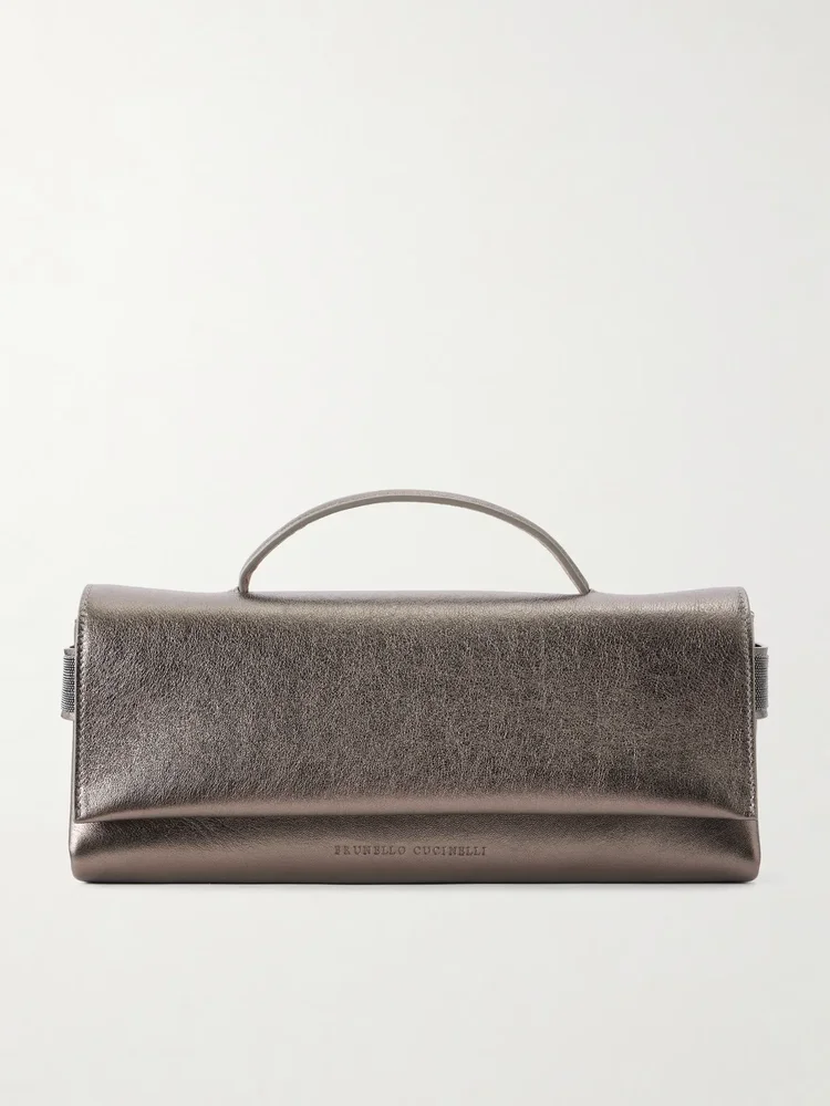 Essence bead-embellished metallic leather clutch