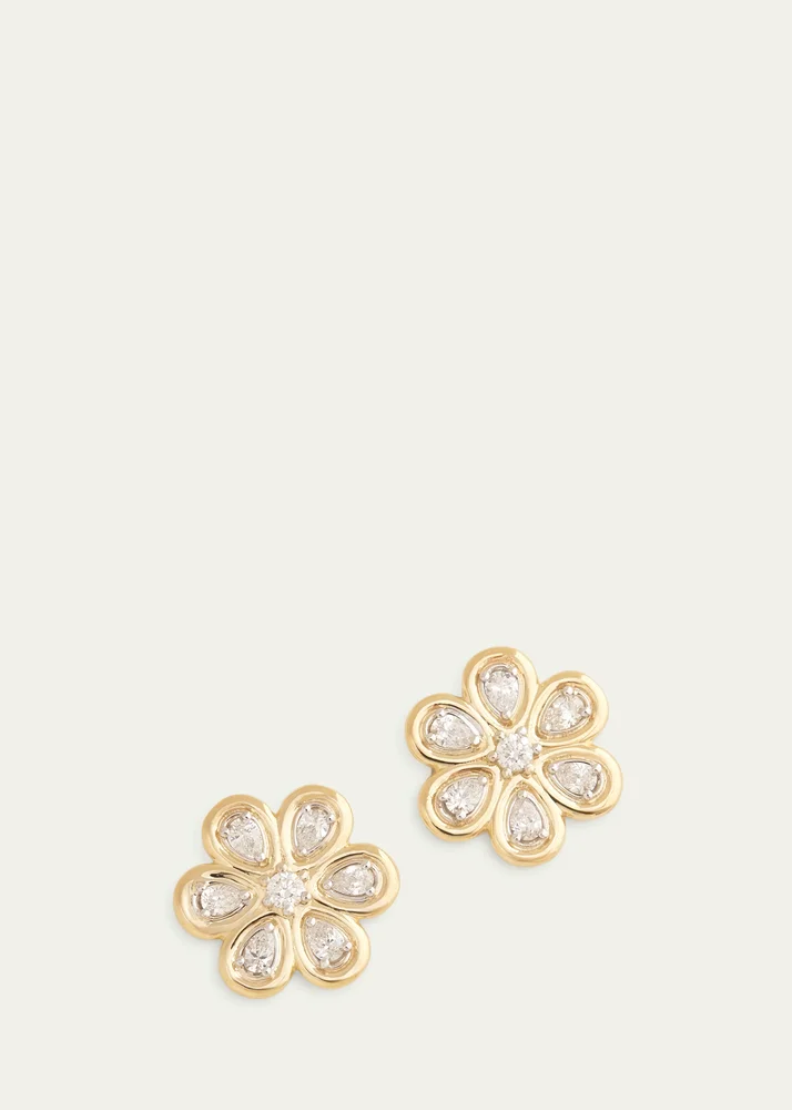 18K Yellow and White Gold Floral Stud Earrings with Diamonds