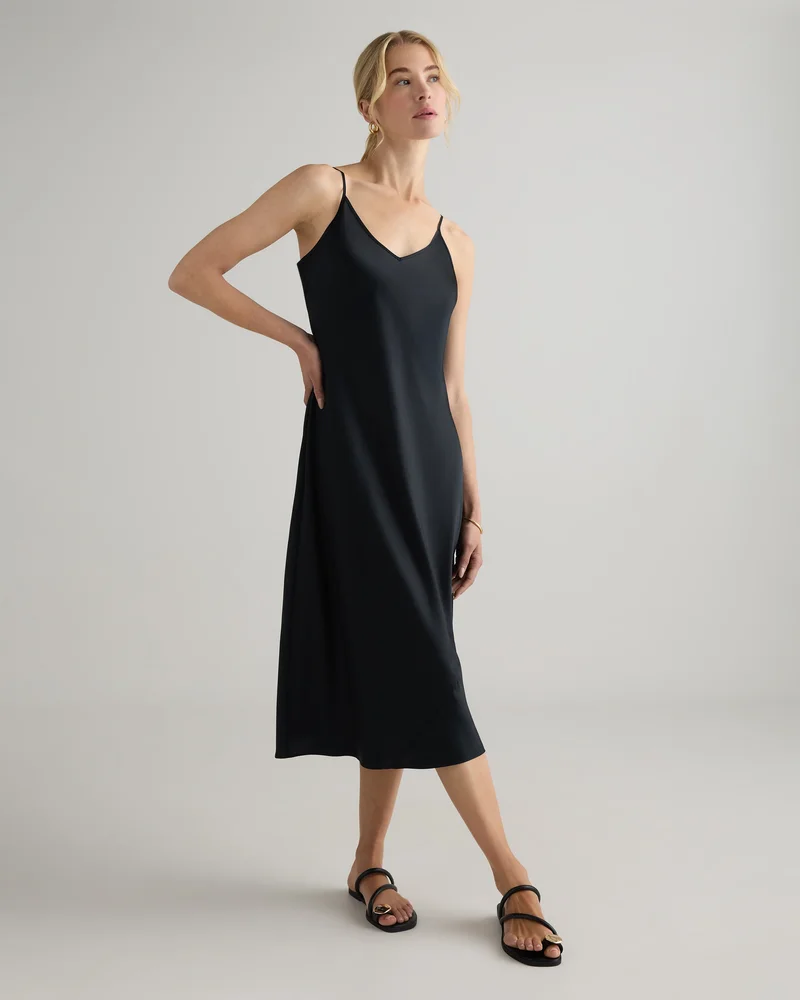 Quince 100% Washable Silk Slip Dress in Forest Green