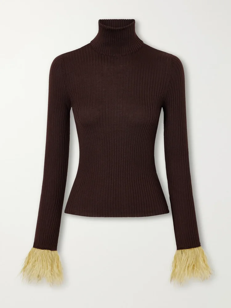 Feathers-trimmed ribbed cashmere and silk-blend turtleneck sweater
