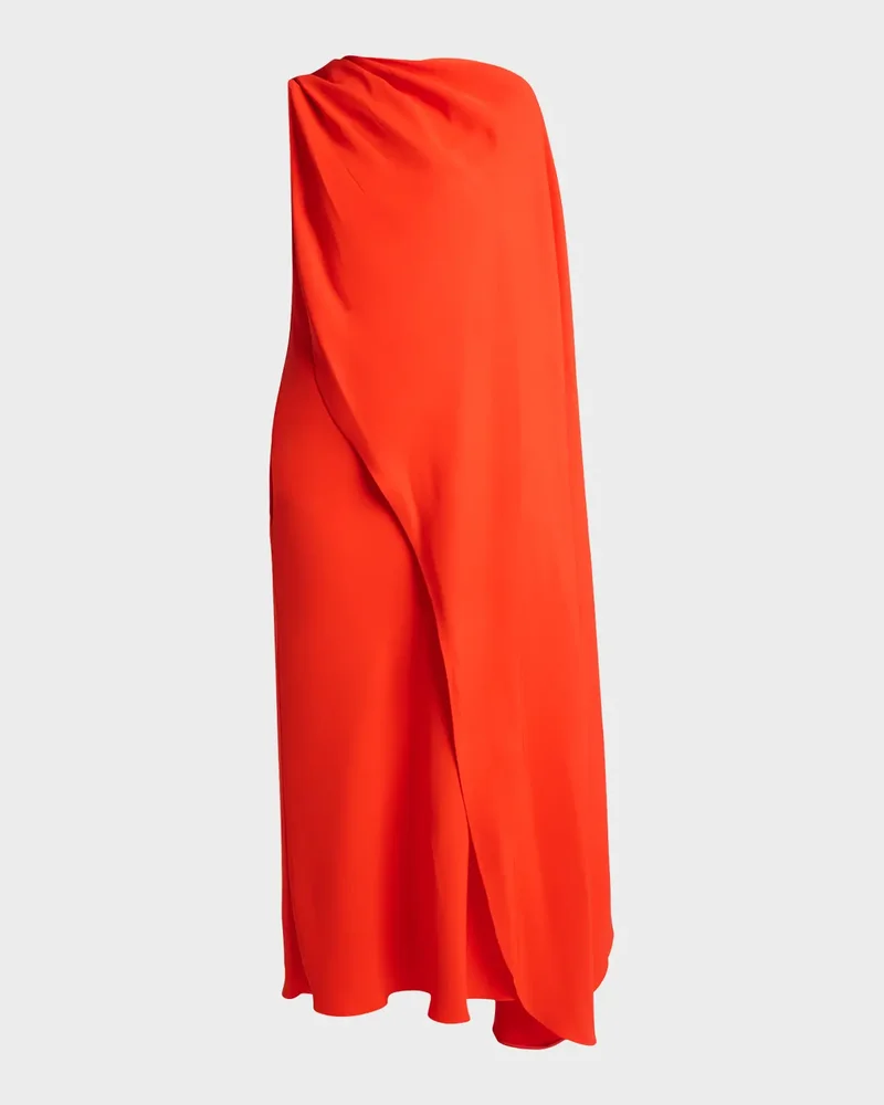 Silk-Wool Draped Cape Midi Dress
