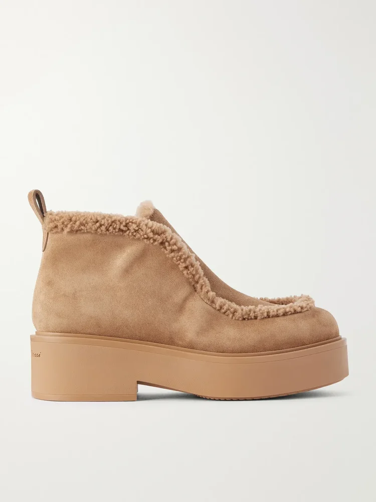 Logo-debossed shearling-trimmed suede ankle boots