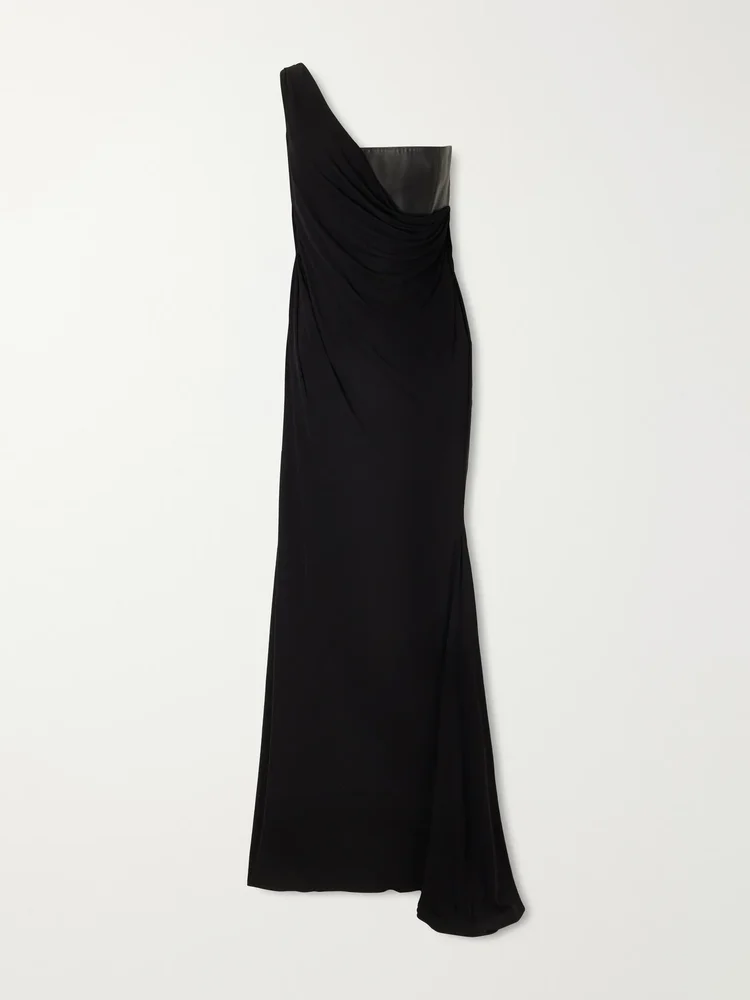 Asymmetric leather and jersey gown