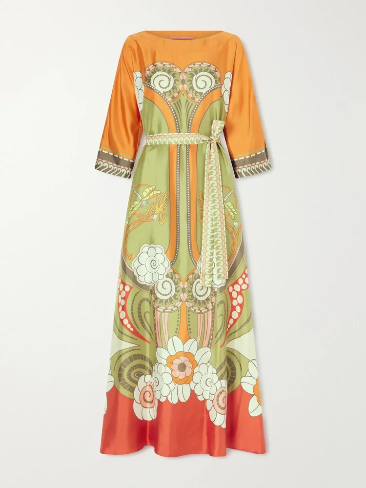 Muumuu belted printed silk-twill maxi dress