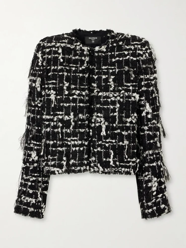 cropped embellished metallic tweed jacket