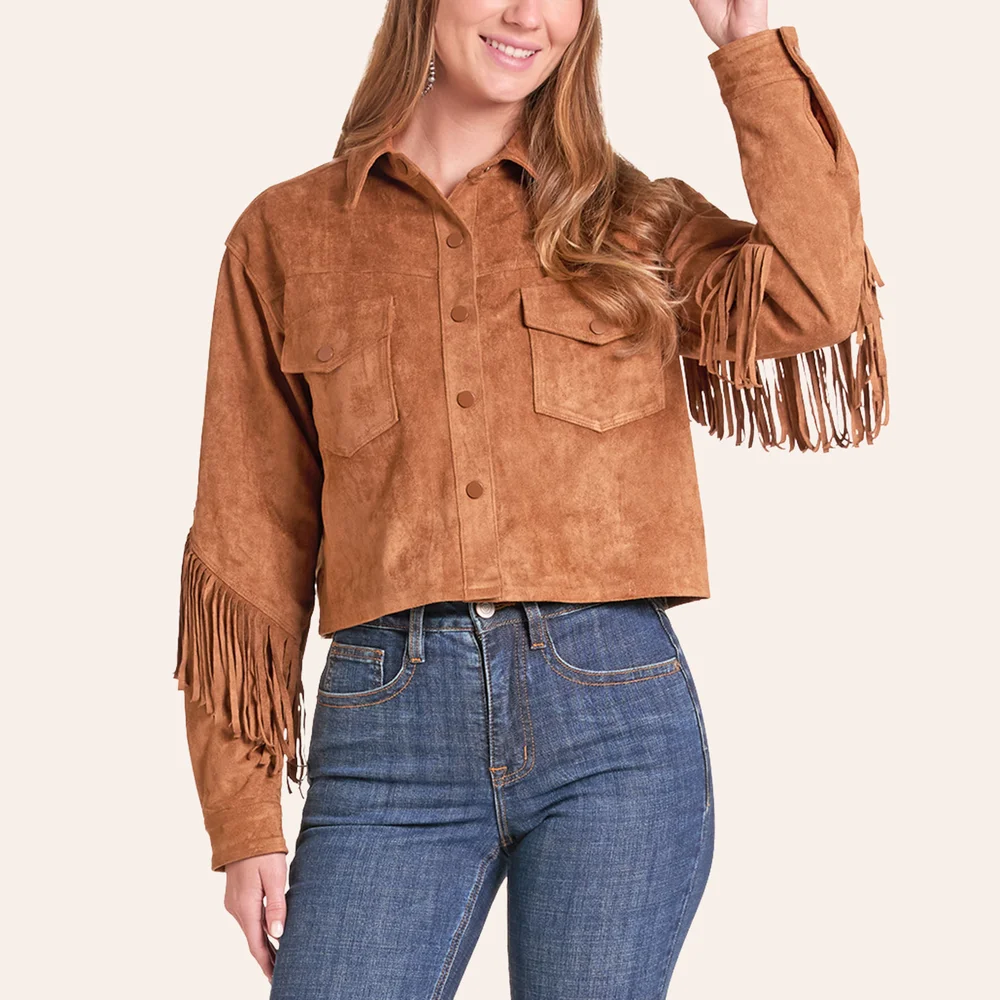Rust Faux Suede Fringed Cropped Shirt Jacket
