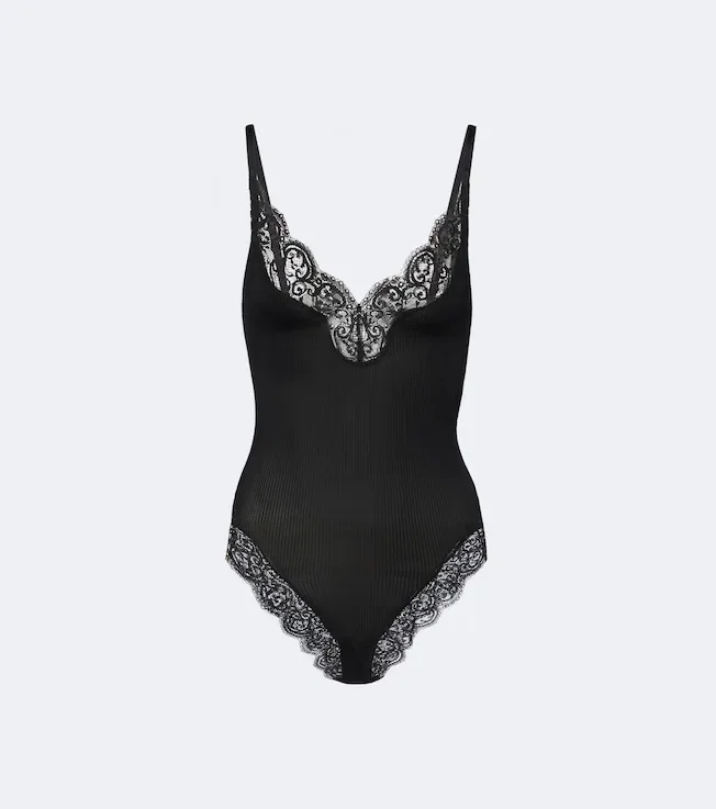 Lace-trimmed ribbed-knit silk bodysuit