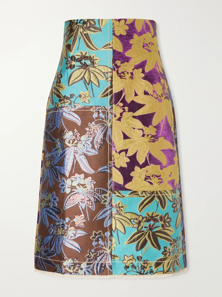 Bodie frayed patchwork floral-jacquard midi skirt