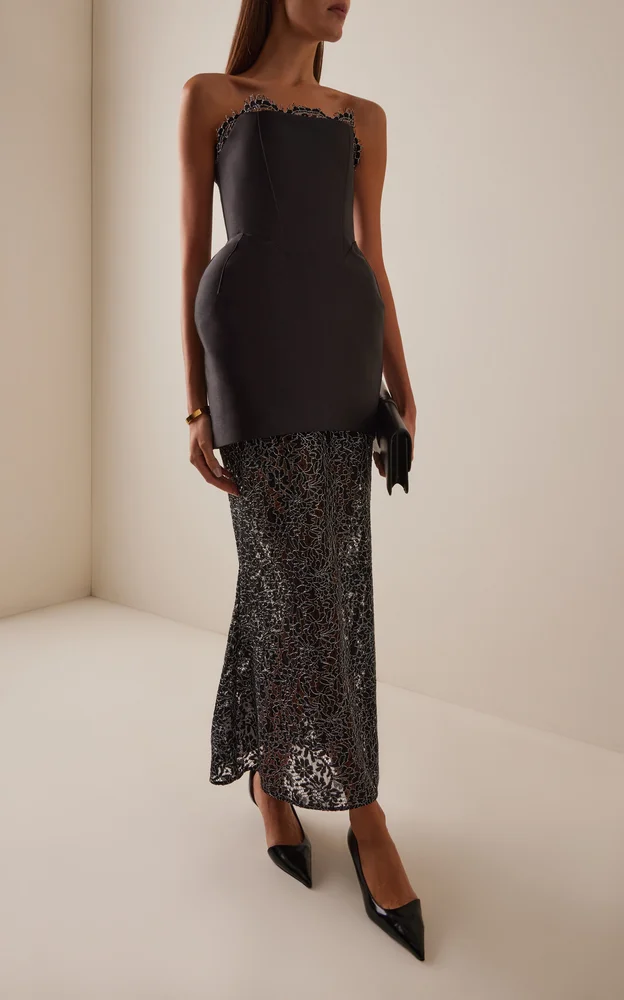 Exclusive Epidote Twill-Overlay Metallic-Lace Midi Dress
