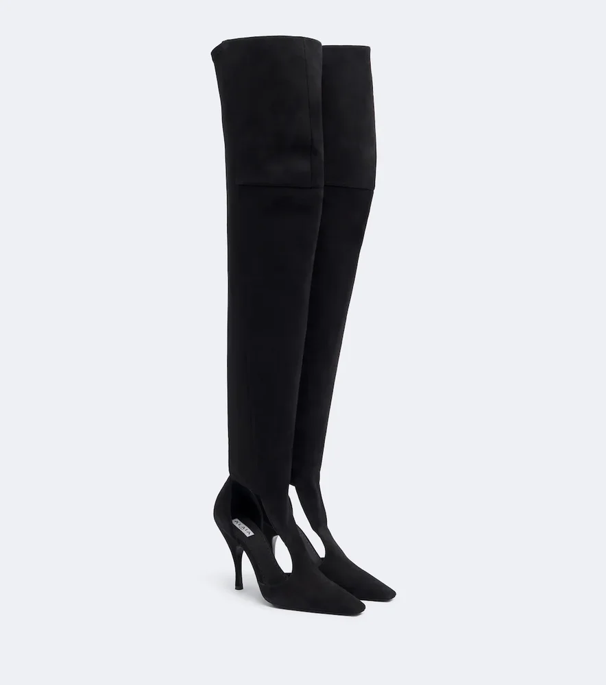 Cutout suede-trimmed over-the-knee boots