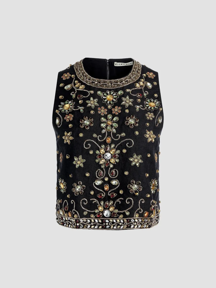 Amal Embellished Linen Boxy Sleeveless Top