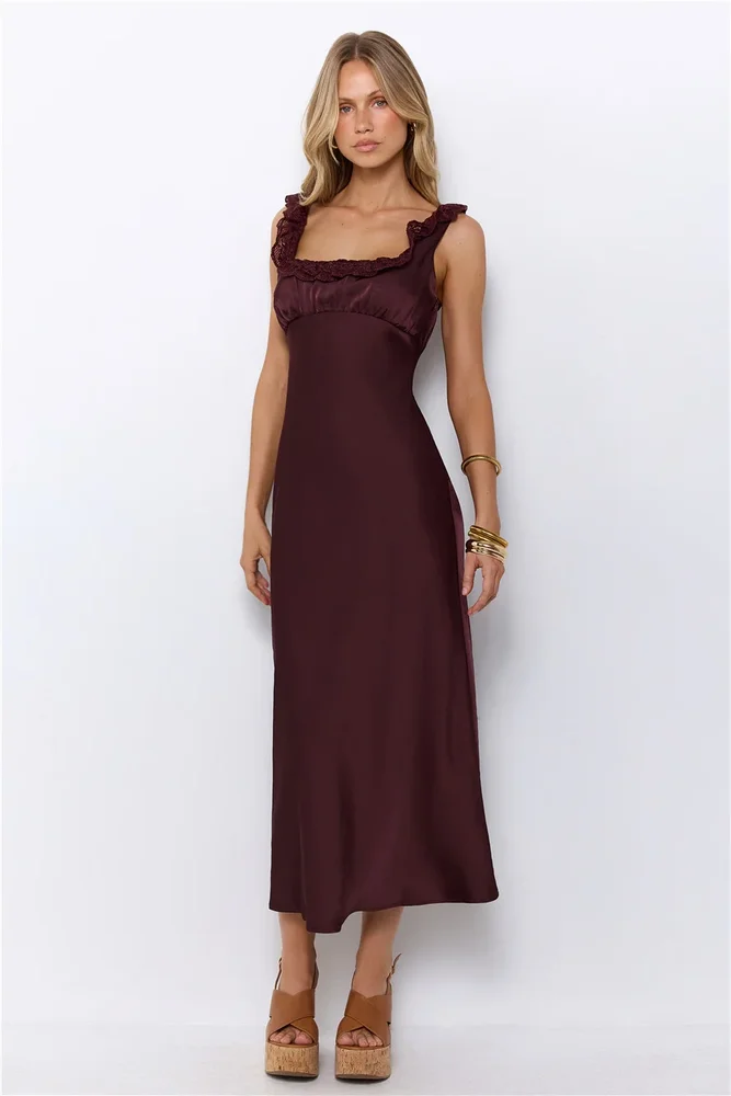 Dressed For Desire Satin Midi Dress Brown