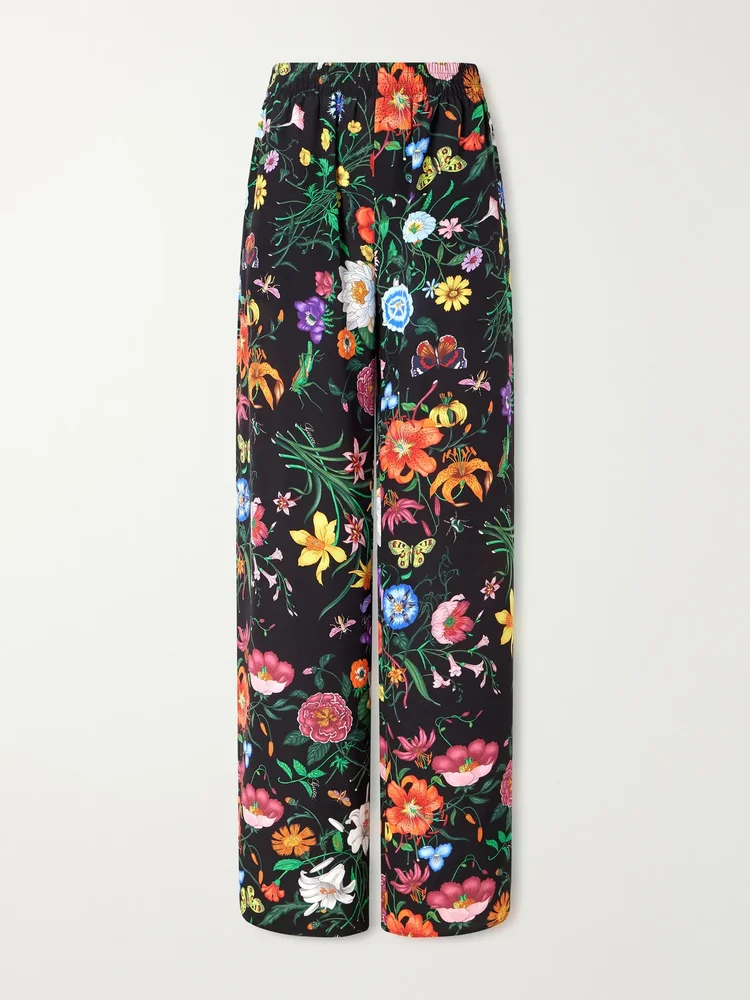 Flora printed silk-twill wide-leg pants