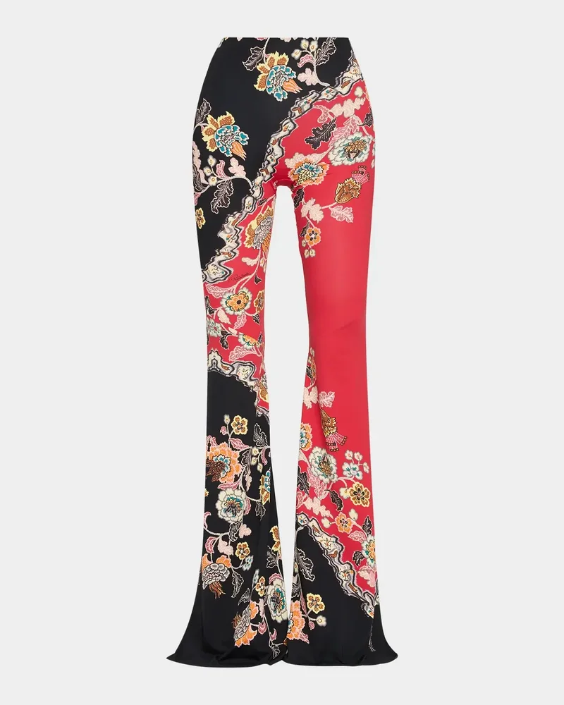 High-Rise Colorblock Floral Printed Flare Trousers