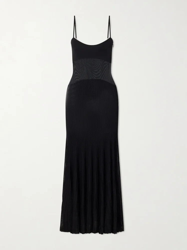 Belladonna mesh-trimmed ribbed-knit gown