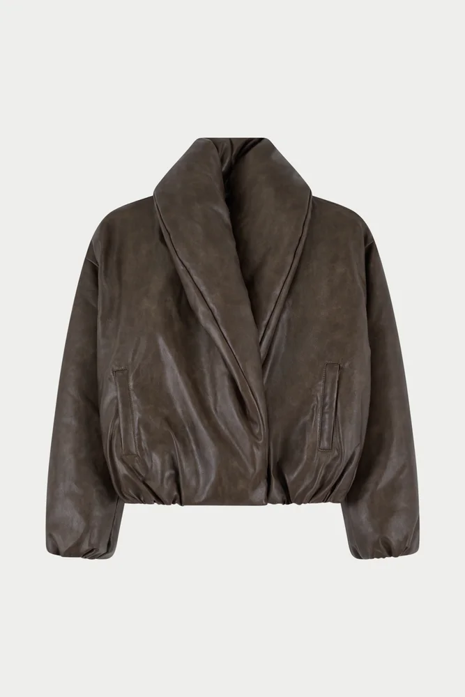 OVERSIZED COLLAR DISTRESSED FAUX LEATHER PUFFER COAT - BROWN