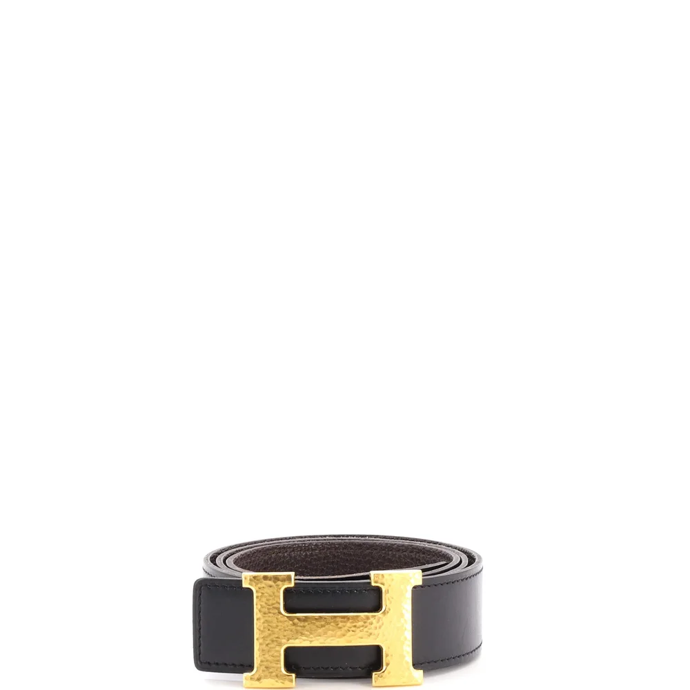 Pre-Owned Constance Martelee H Reversible Belt Leather with Hammered Hardware Medium, Black