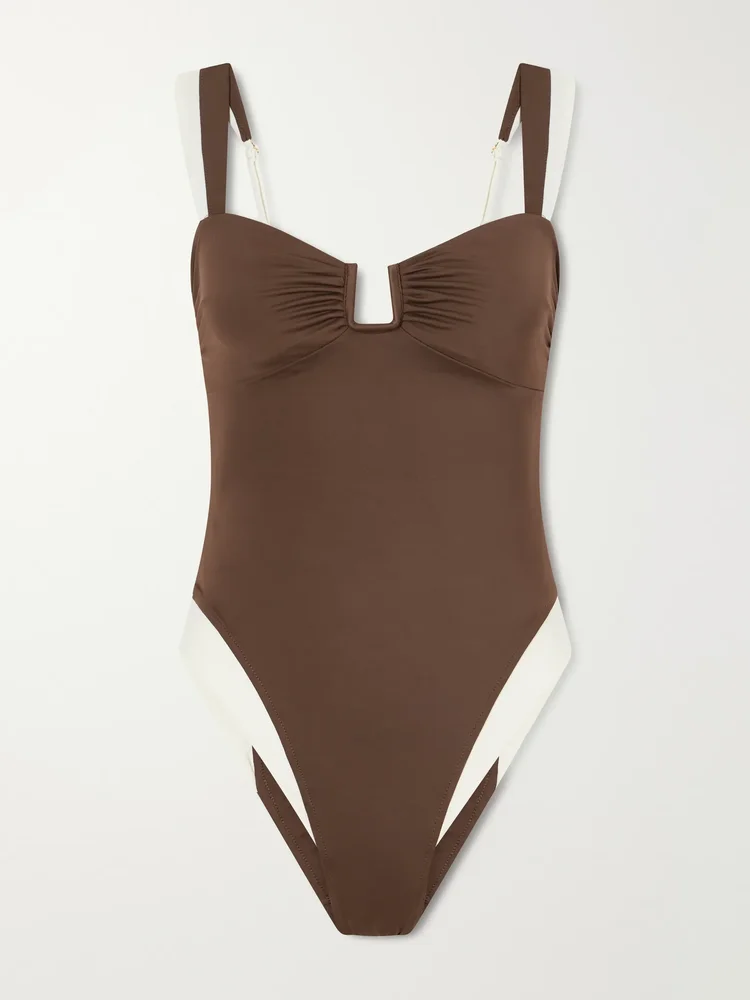 Cannes two-tone gathered recycled stretch swimsuit