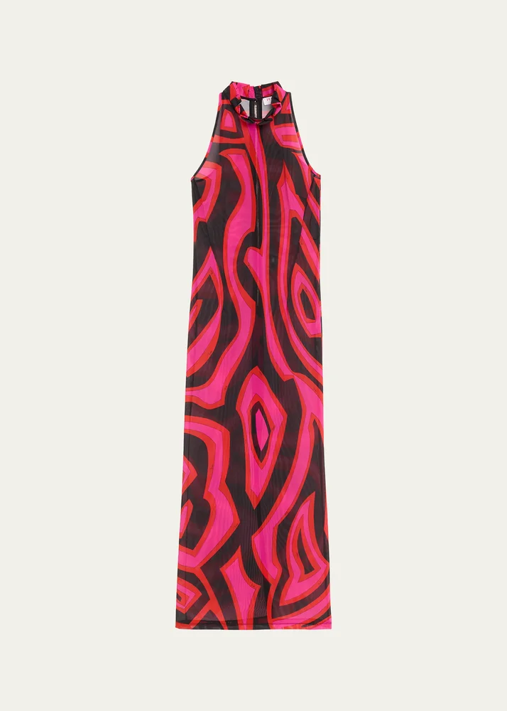 Mock-Neck Labirinto-Print Mesh Maxi Dress