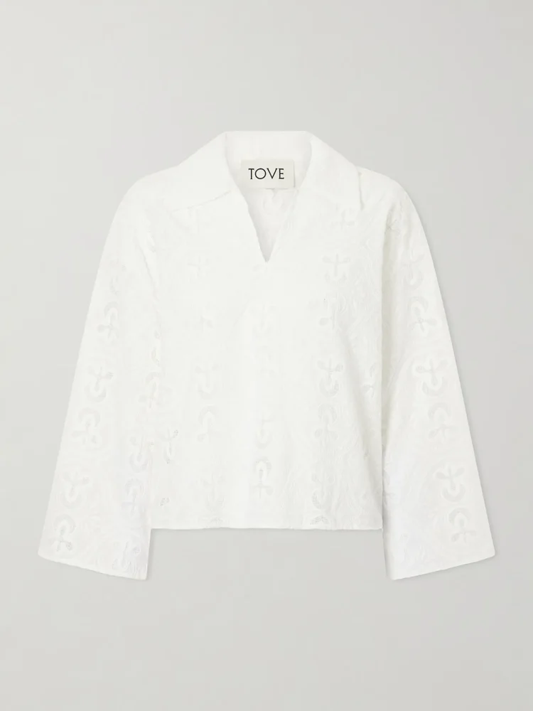 Leighton floral-embroidered cotton-blend blouse