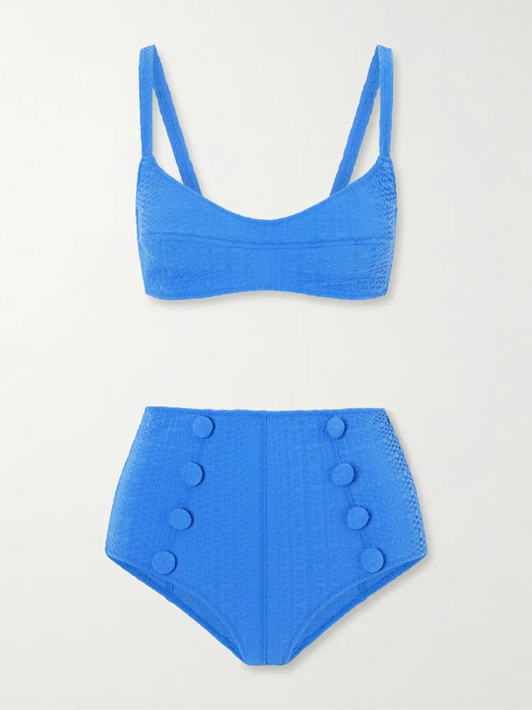 Button-embellished seersucker balconette bikini
