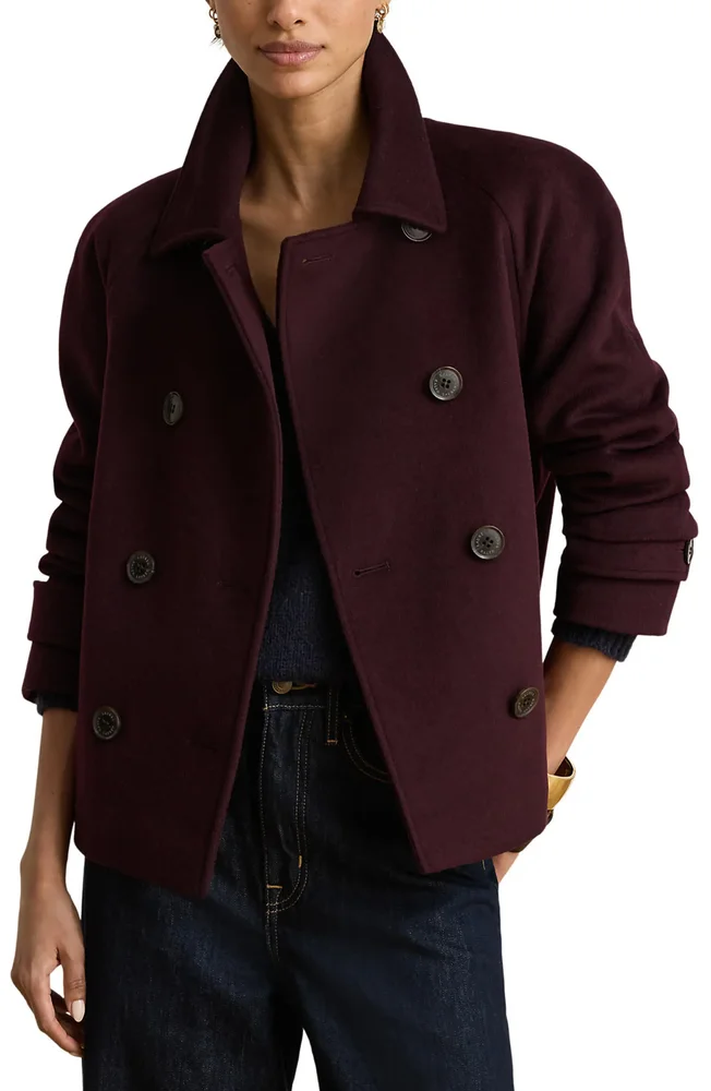 Double Breasted Cropped Wool Blend Coat