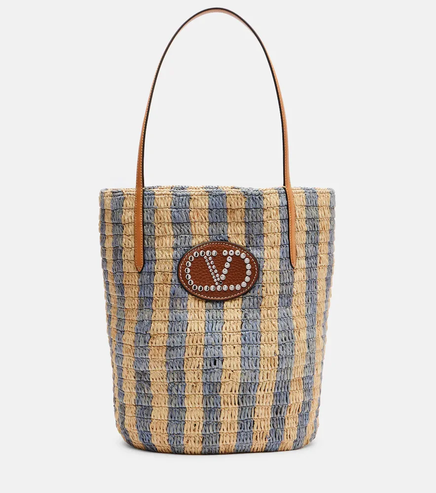 VLogo striped raffia tote bag