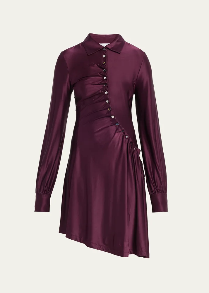 Asymmetric Gathered Button Long-Sleeve Shirtdress