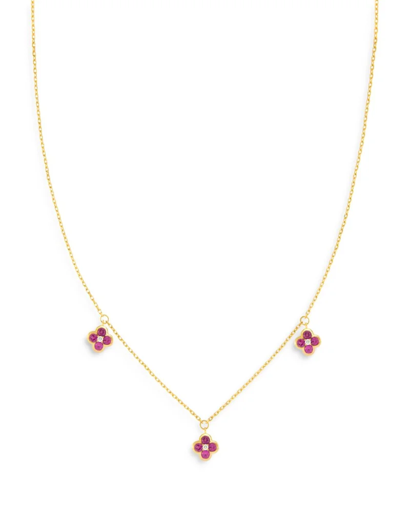 Gemstone & Diamond Bezel Clover Station Necklace in 14K Yellow Gold, 17"
