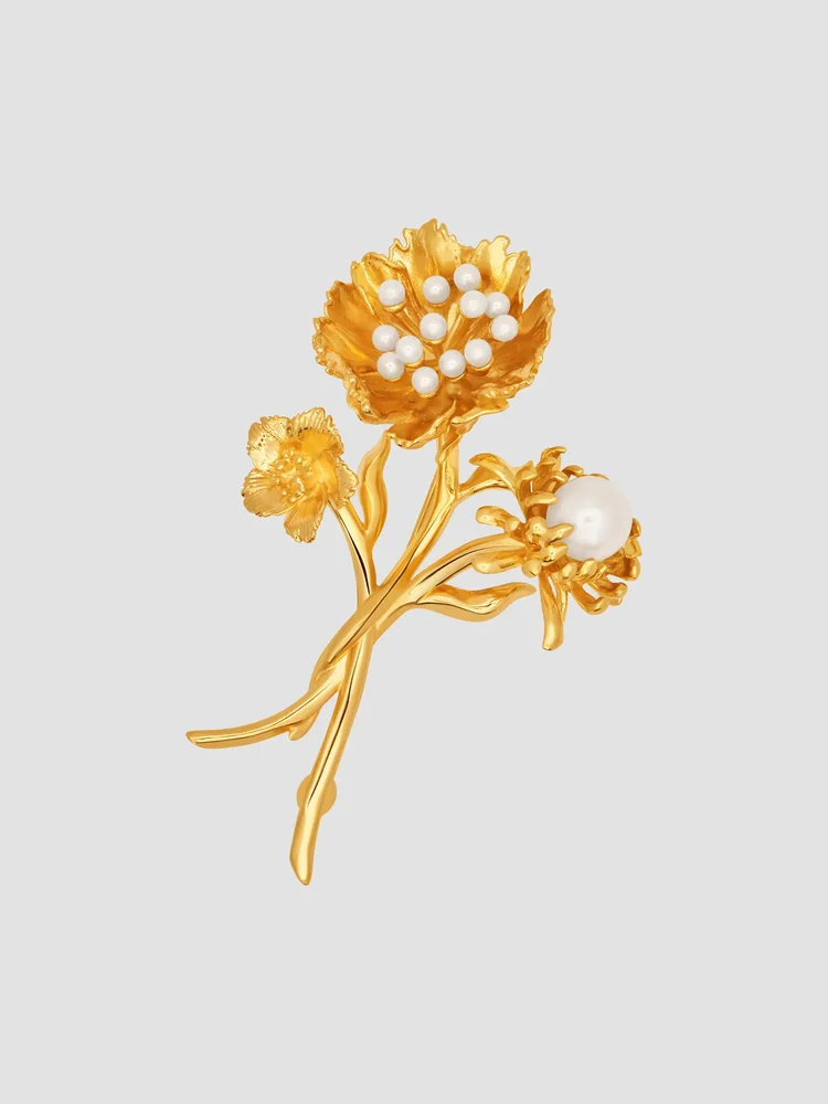 Goldtone & Imitation Pearl Flower Brooch