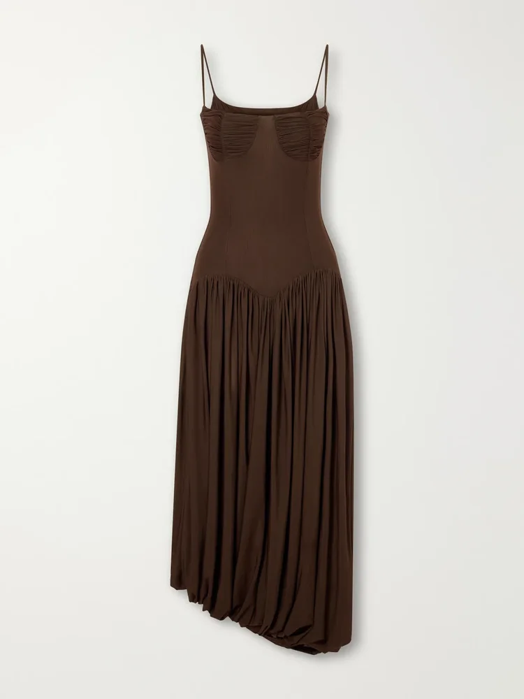 Ceniza ruched gathered jersey midi dress