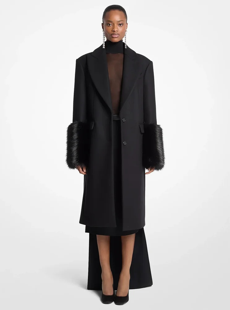 Wool Melton and Faux Fox Chesterfield Coat