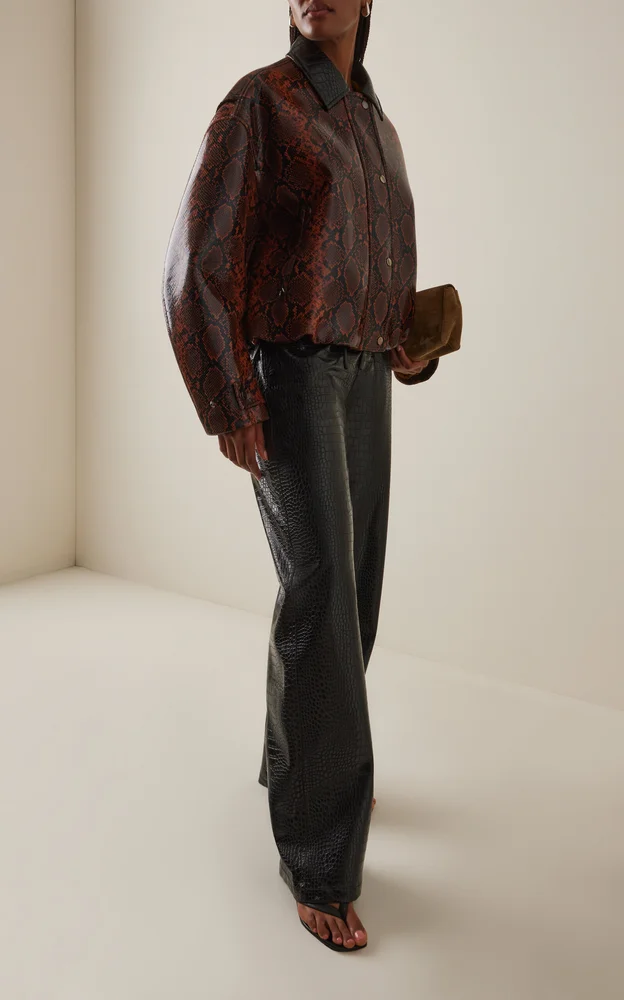 Croc-Embossed Faux Metallic Leather Wide-Leg Pants