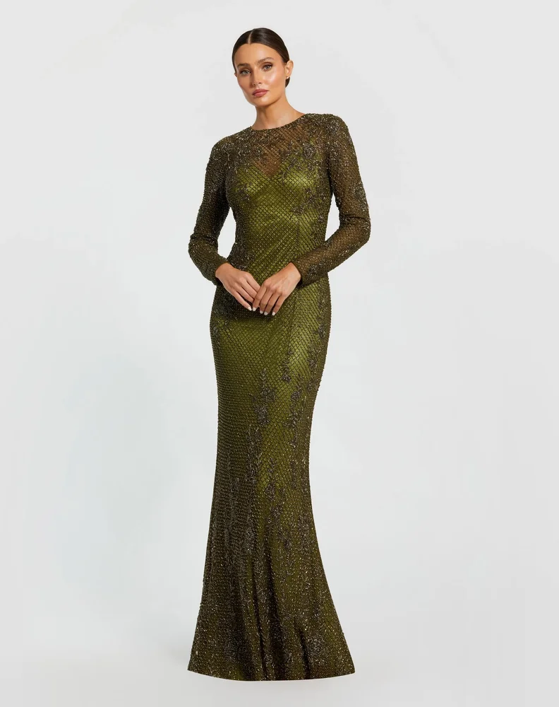 Olive High Neck Long Sleeve Beaded Column Gown