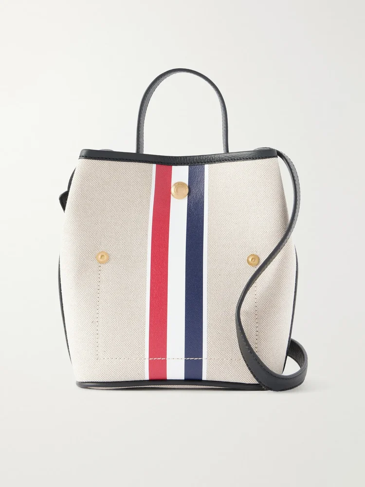 Striped leather-trimmed canvas bucket bag