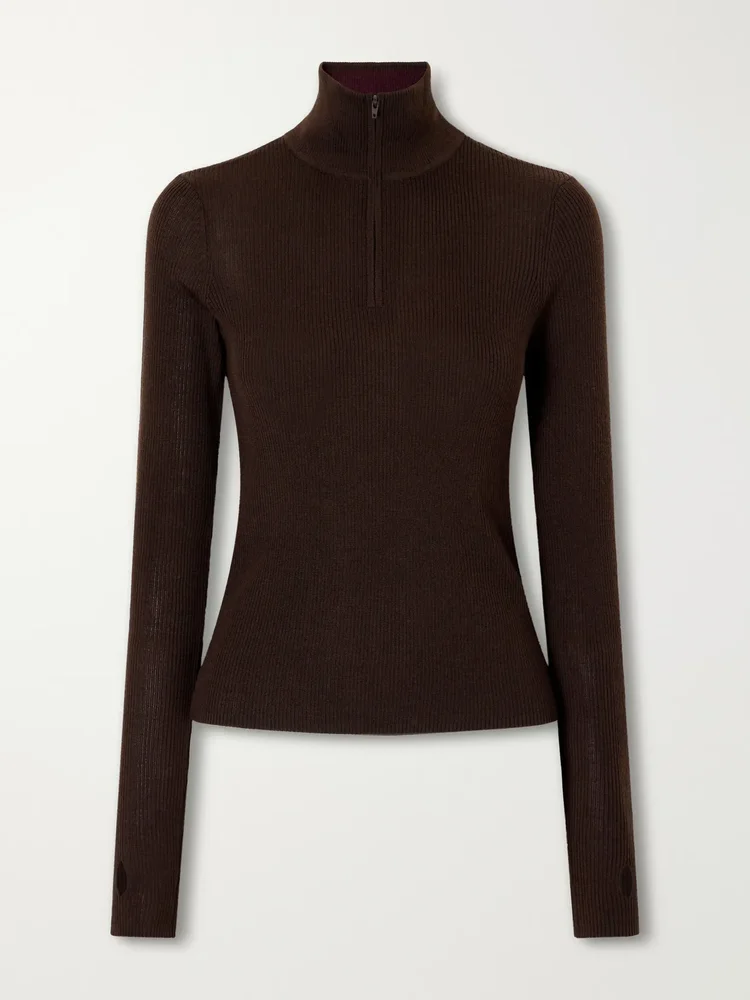 sade ribbed wool and silk blend half zip sweater